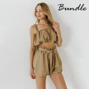 NWT Endless Rose tan brown & metallic thread accent bubble crop top & shorts set